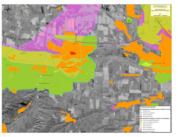показаны месторождения полезных ископаемых, подземных пресных и минеральных вод на территории г. Ессентуки и его окрестностей. 